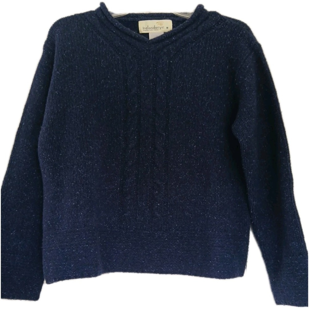 Womens 90s/Y2K Irelandseye Aran Cableknit Lambswool/Silk Navy Sweater Size Med‎